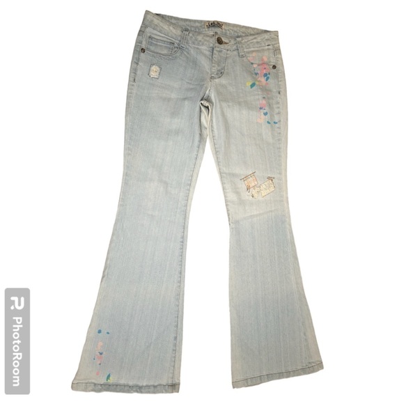 VINTAGE L.E.I. LIGHT WASH DISTRESSED PATCHED PAINT SPLATTED FLARED DENIM JEANS - Picture 1 of 8